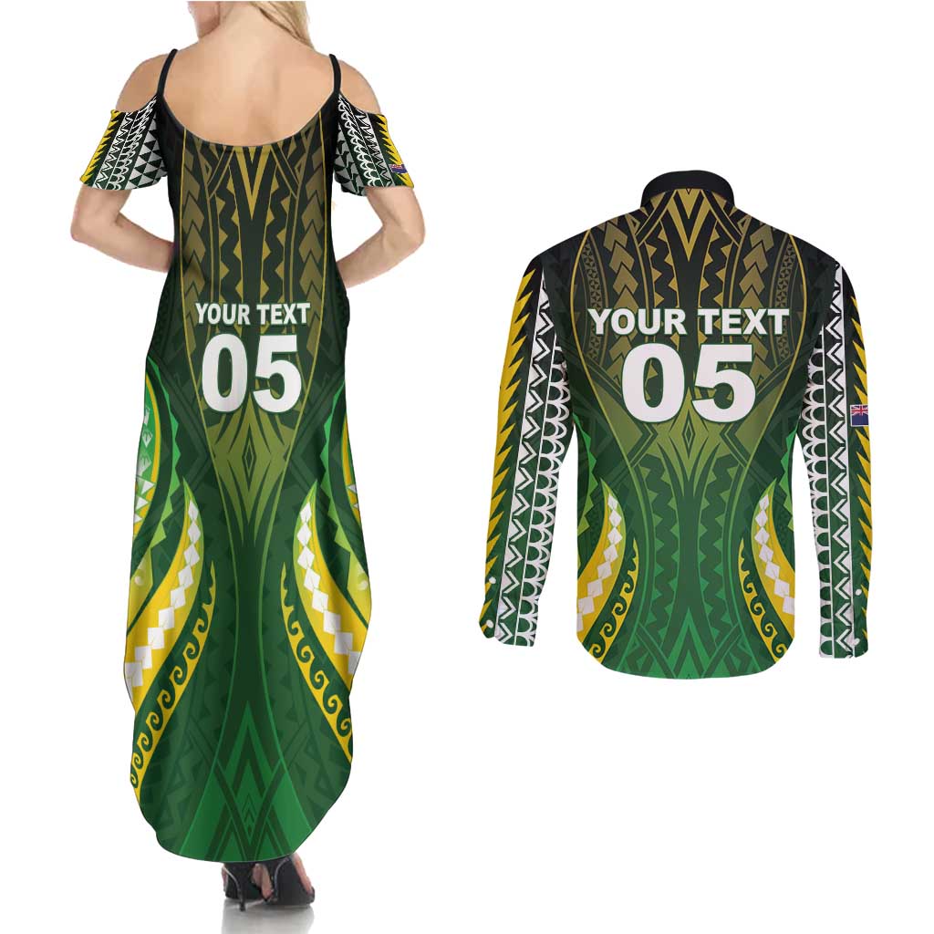 Custom Cook Islands Rugby Couples Matching Summer Maxi Dress and Long Sleeve Button Shirt Unique Style Green Version - Polynesian Pride