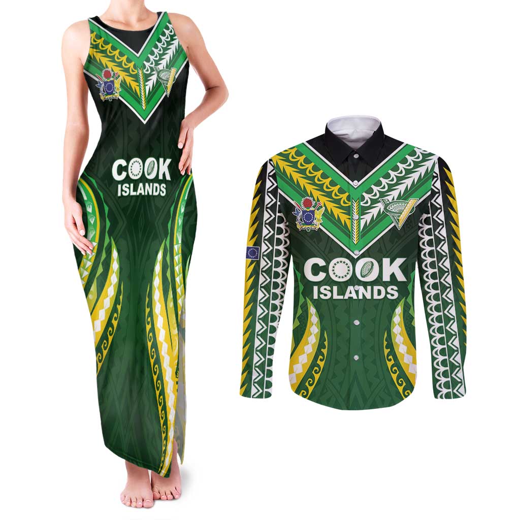 Custom Cook Islands Rugby Couples Matching Tank Maxi Dress and Long Sleeve Button Shirt Unique Style Green Version - Polynesian Pride