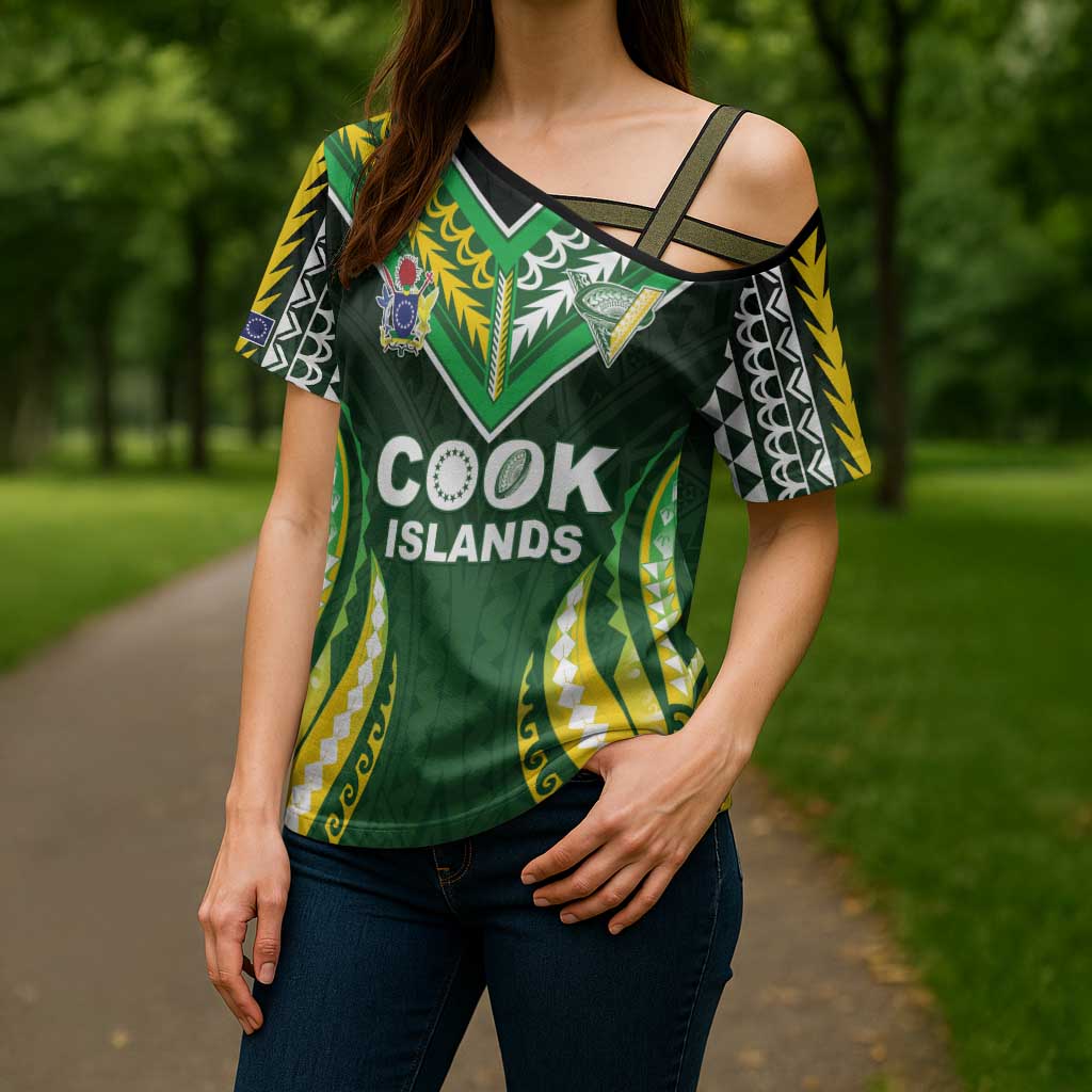 Custom Cook Islands Rugby Cross Shoulder Shirt Unique Style Green Version - Polynesian Pride