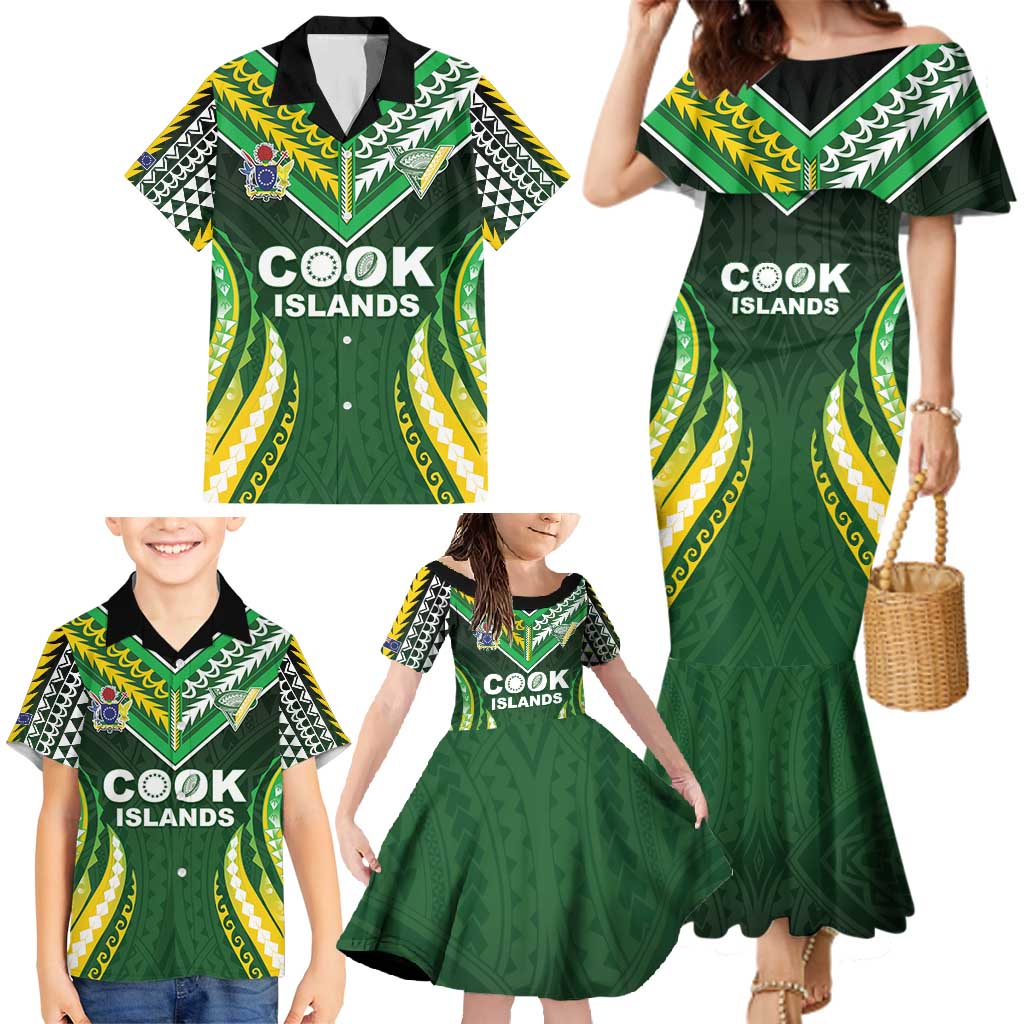 Custom Cook Islands Rugby Family Matching Mermaid Dress and Hawaiian Shirt Unique Style Green Version - Polynesian Pride