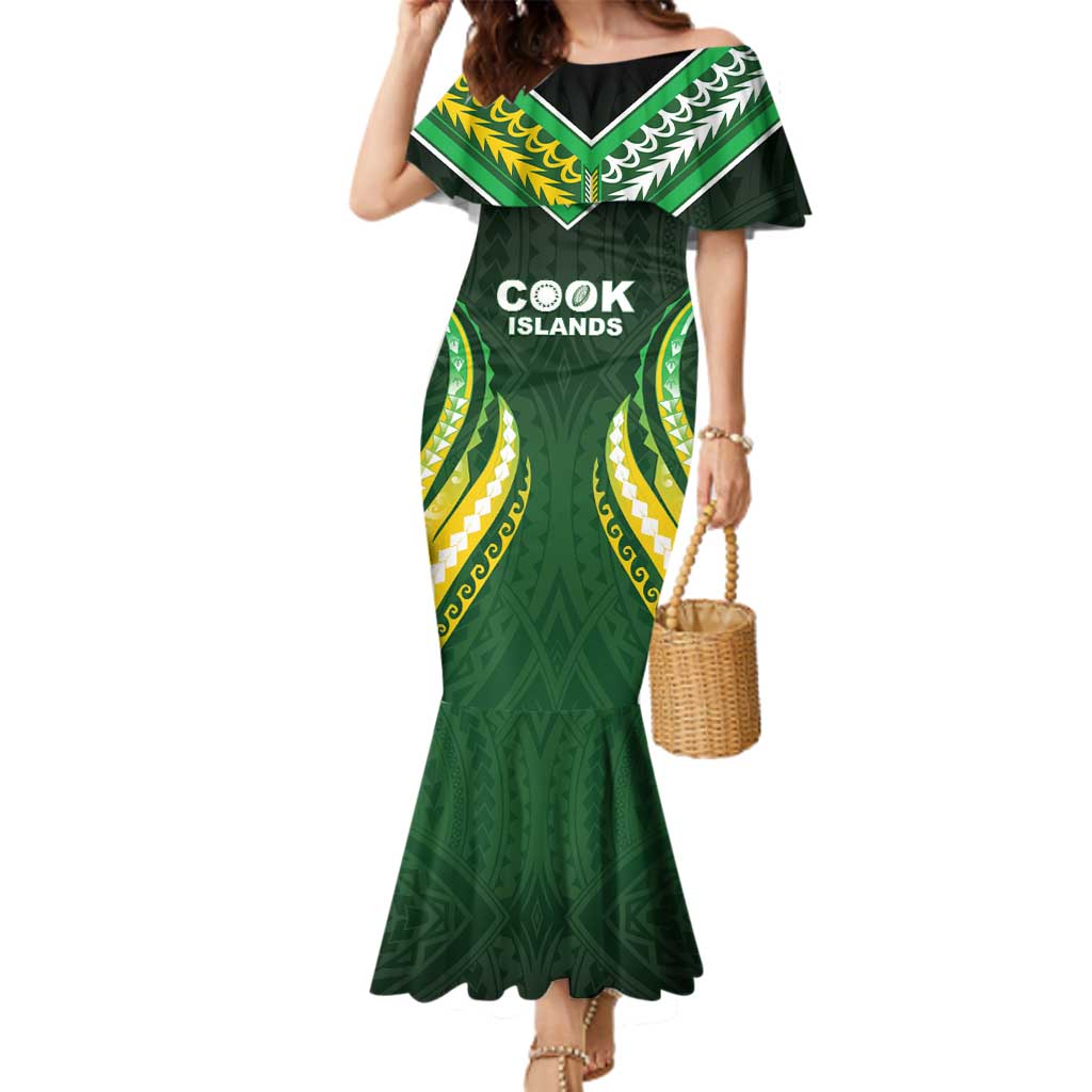 Custom Cook Islands Rugby Family Matching Mermaid Dress and Hawaiian Shirt Unique Style Green Version - Polynesian Pride