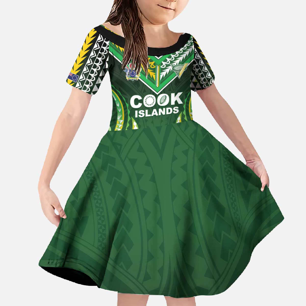 Custom Cook Islands Rugby Family Matching Off The Shoulder Long Sleeve Dress and Hawaiian Shirt Unique Style Green Version - Polynesian Pride