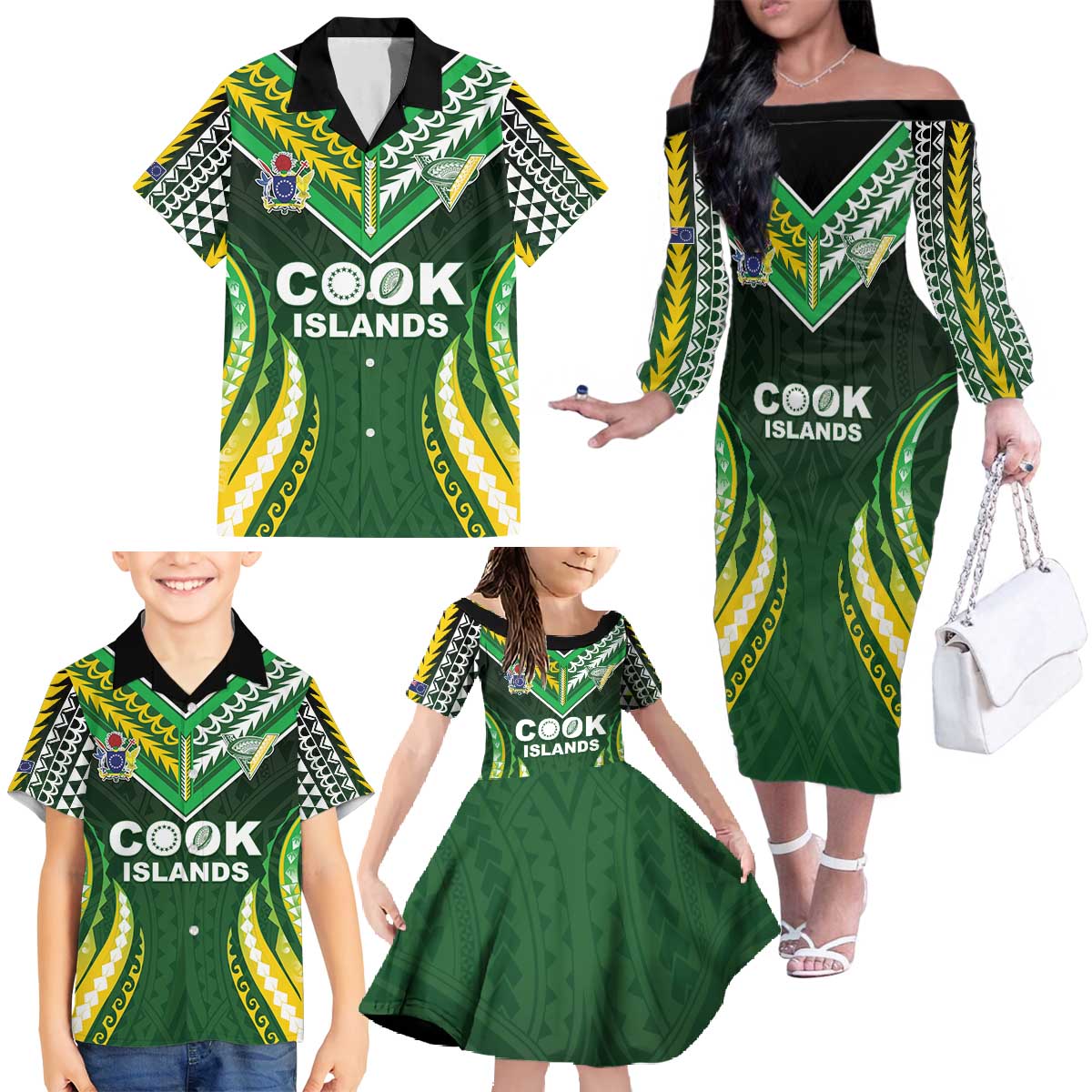 Custom Cook Islands Rugby Family Matching Off The Shoulder Long Sleeve Dress and Hawaiian Shirt Unique Style Green Version - Polynesian Pride