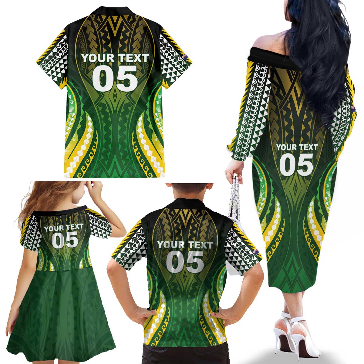 Custom Cook Islands Rugby Family Matching Off The Shoulder Long Sleeve Dress and Hawaiian Shirt Unique Style Green Version - Polynesian Pride