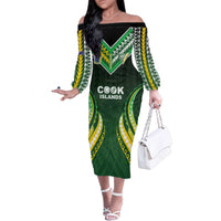 Custom Cook Islands Rugby Family Matching Off The Shoulder Long Sleeve Dress and Hawaiian Shirt Unique Style Green Version - Polynesian Pride