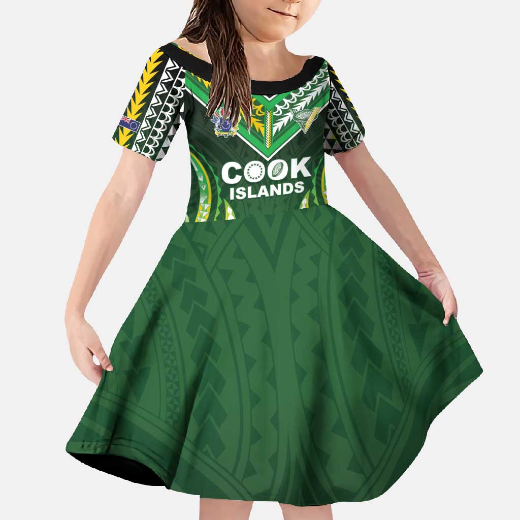 Custom Cook Islands Rugby Family Matching Off Shoulder Maxi Dress and Hawaiian Shirt Unique Style Green Version - Polynesian Pride