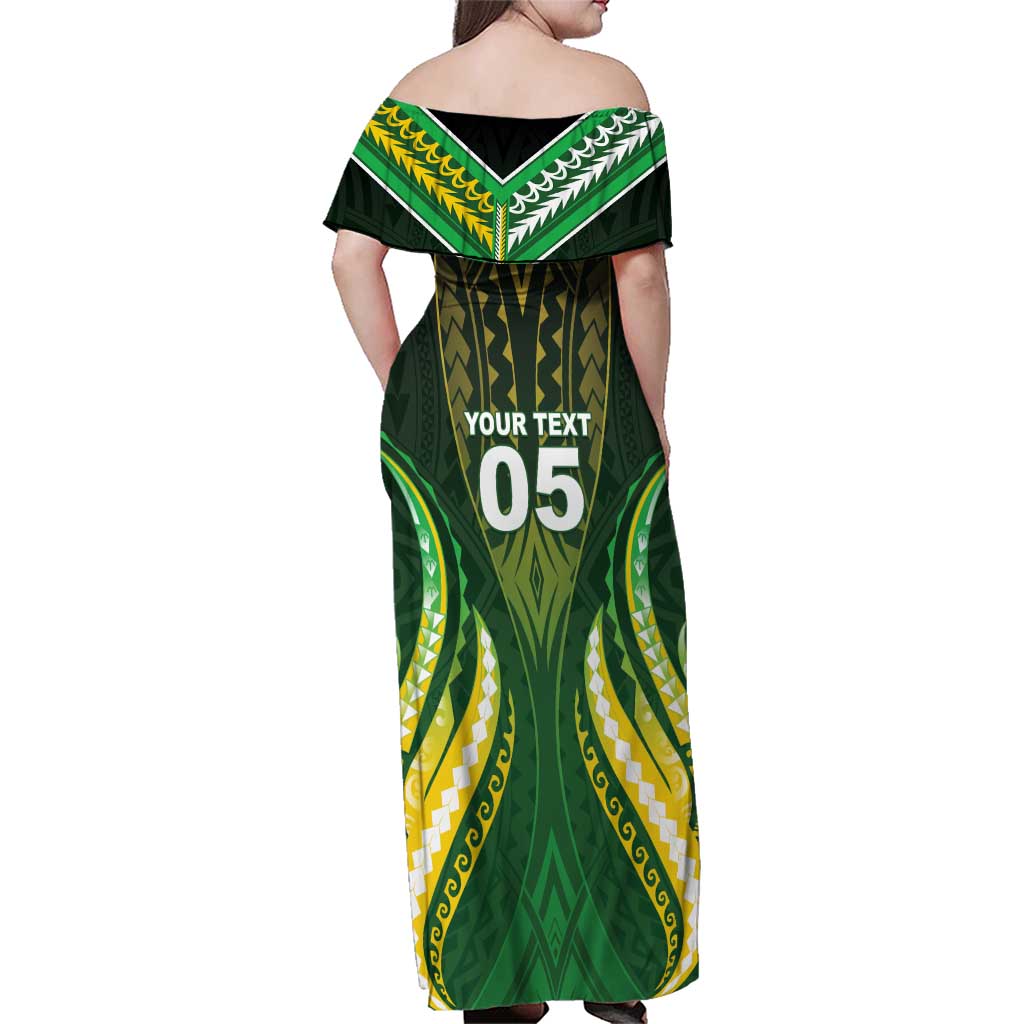 Custom Cook Islands Rugby Family Matching Off Shoulder Maxi Dress and Hawaiian Shirt Unique Style Green Version - Polynesian Pride