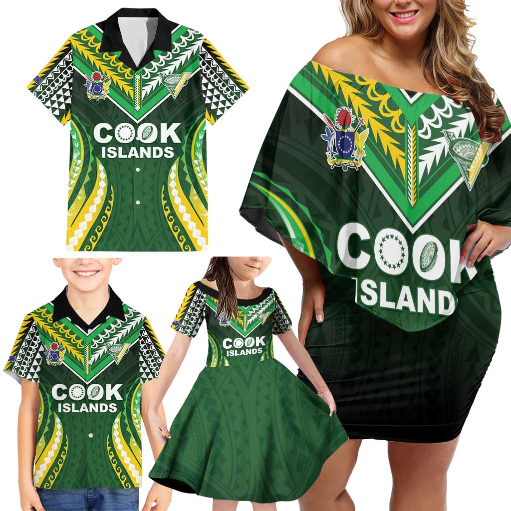 Custom Cook Islands Rugby Family Matching Off Shoulder Short Dress and Hawaiian Shirt Unique Style Green Version - Polynesian Pride