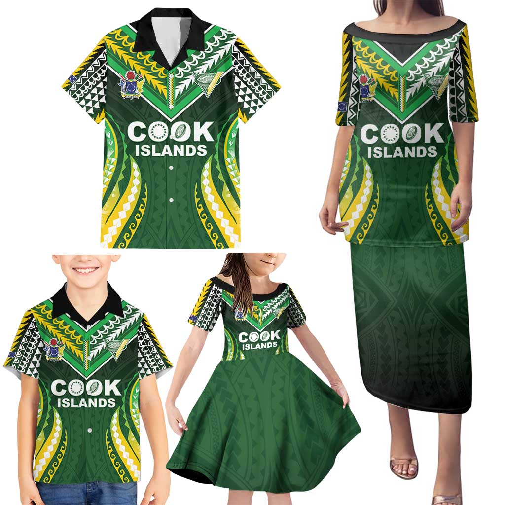 Custom Cook Islands Rugby Family Matching Puletasi and Hawaiian Shirt Unique Style Green Version - Polynesian Pride