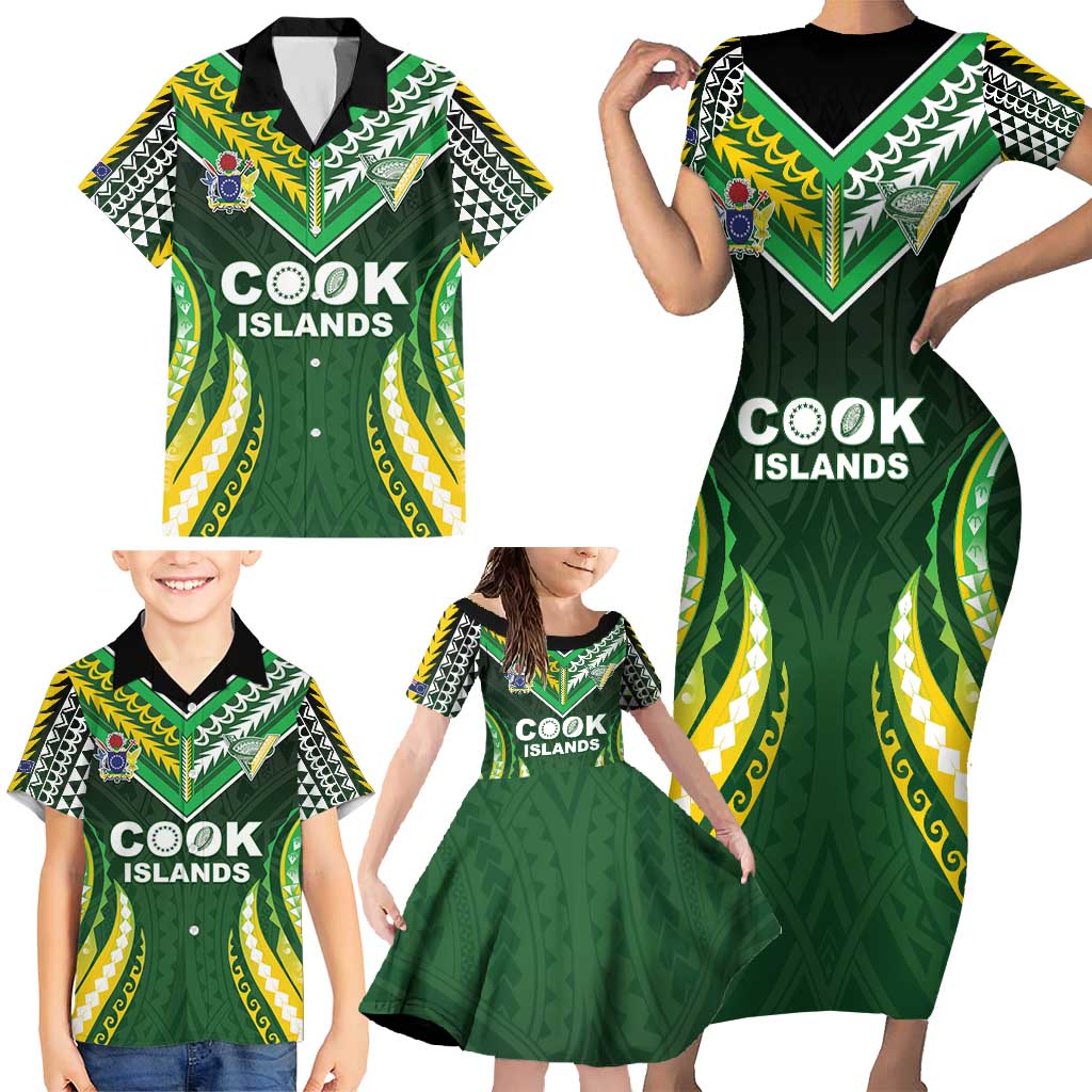 Custom Cook Islands Rugby Family Matching Short Sleeve Bodycon Dress and Hawaiian Shirt Unique Style Green Version - Polynesian Pride