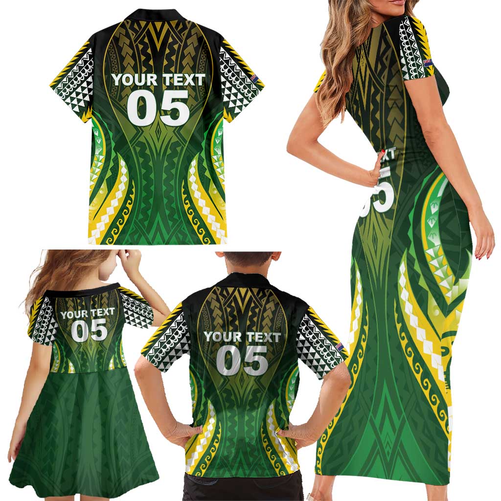 Custom Cook Islands Rugby Family Matching Short Sleeve Bodycon Dress and Hawaiian Shirt Unique Style Green Version - Polynesian Pride