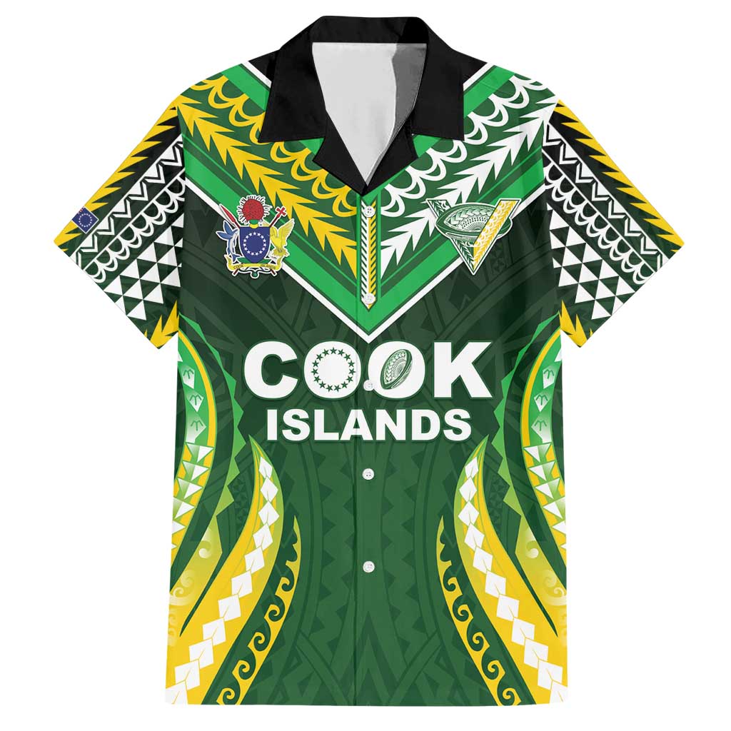 Custom Cook Islands Rugby Family Matching Short Sleeve Bodycon Dress and Hawaiian Shirt Unique Style Green Version - Polynesian Pride