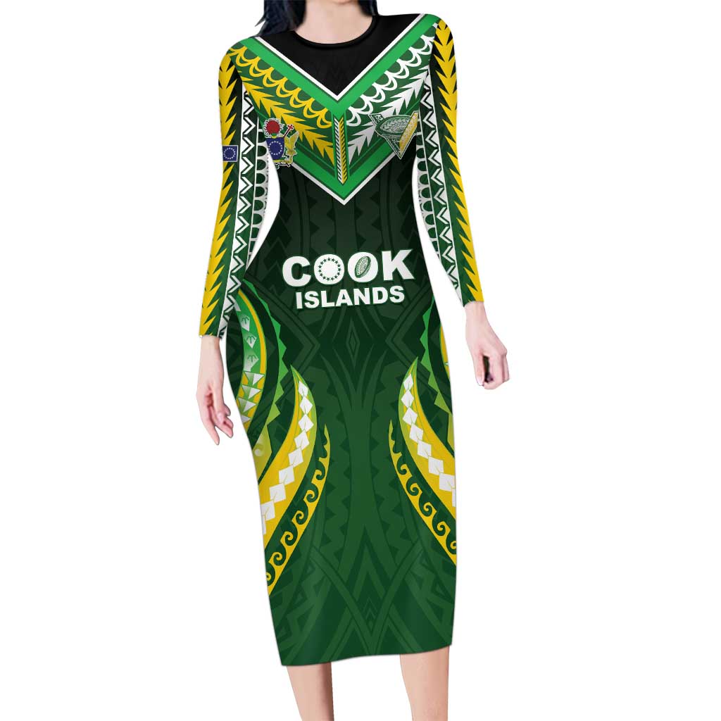 Custom Cook Islands Rugby Long Sleeve Bodycon Dress Unique Style Green Version - Polynesian Pride