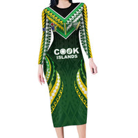 Custom Cook Islands Rugby Long Sleeve Bodycon Dress Unique Style Green Version - Polynesian Pride