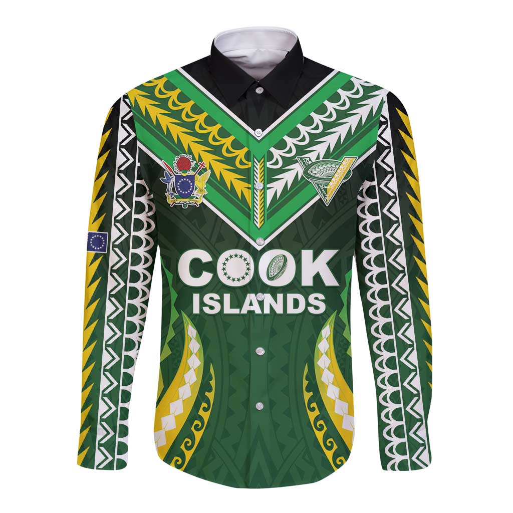 Custom Cook Islands Rugby Long Sleeve Button Shirt Unique Style Green Version - Polynesian Pride