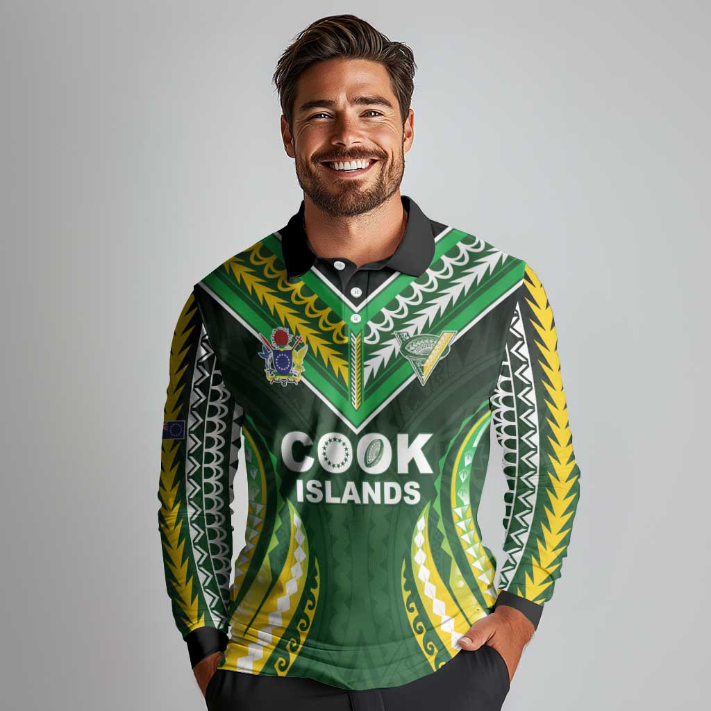 Custom Cook Islands Rugby Long Sleeve Polo Shirt Unique Style Green Version - Polynesian Pride