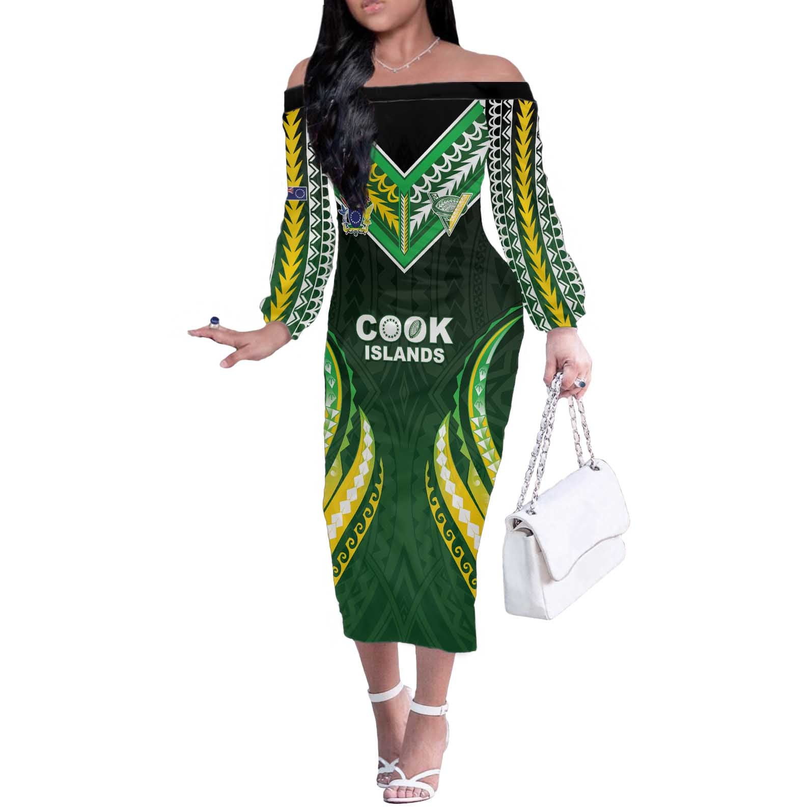 Custom Cook Islands Rugby Off The Shoulder Long Sleeve Dress Unique Style Green Version - Polynesian Pride
