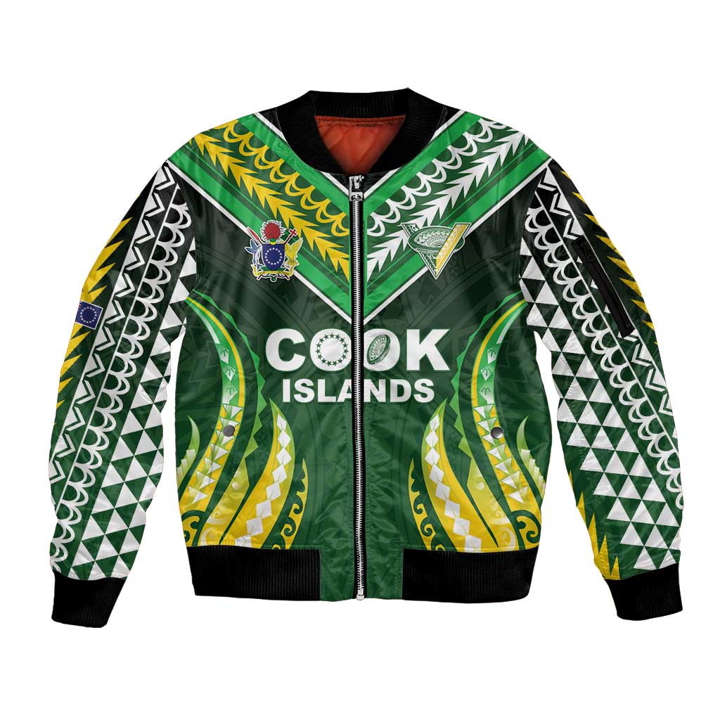 Custom Cook Islands Rugby Sleeve Zip Bomber Jacket Unique Style Green Version - Polynesian Pride