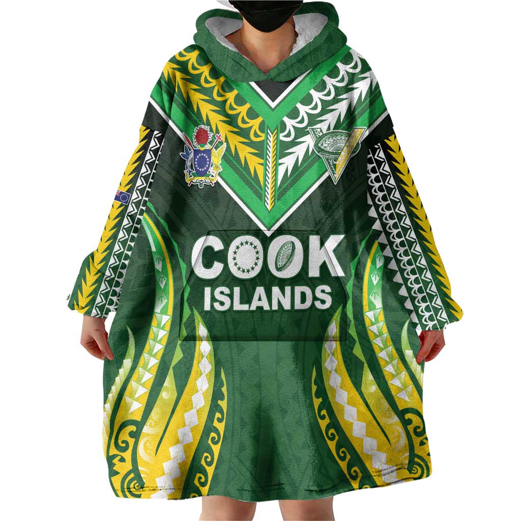 Custom Cook Islands Rugby Wearable Blanket Hoodie Unique Style Green Version - Polynesian Pride