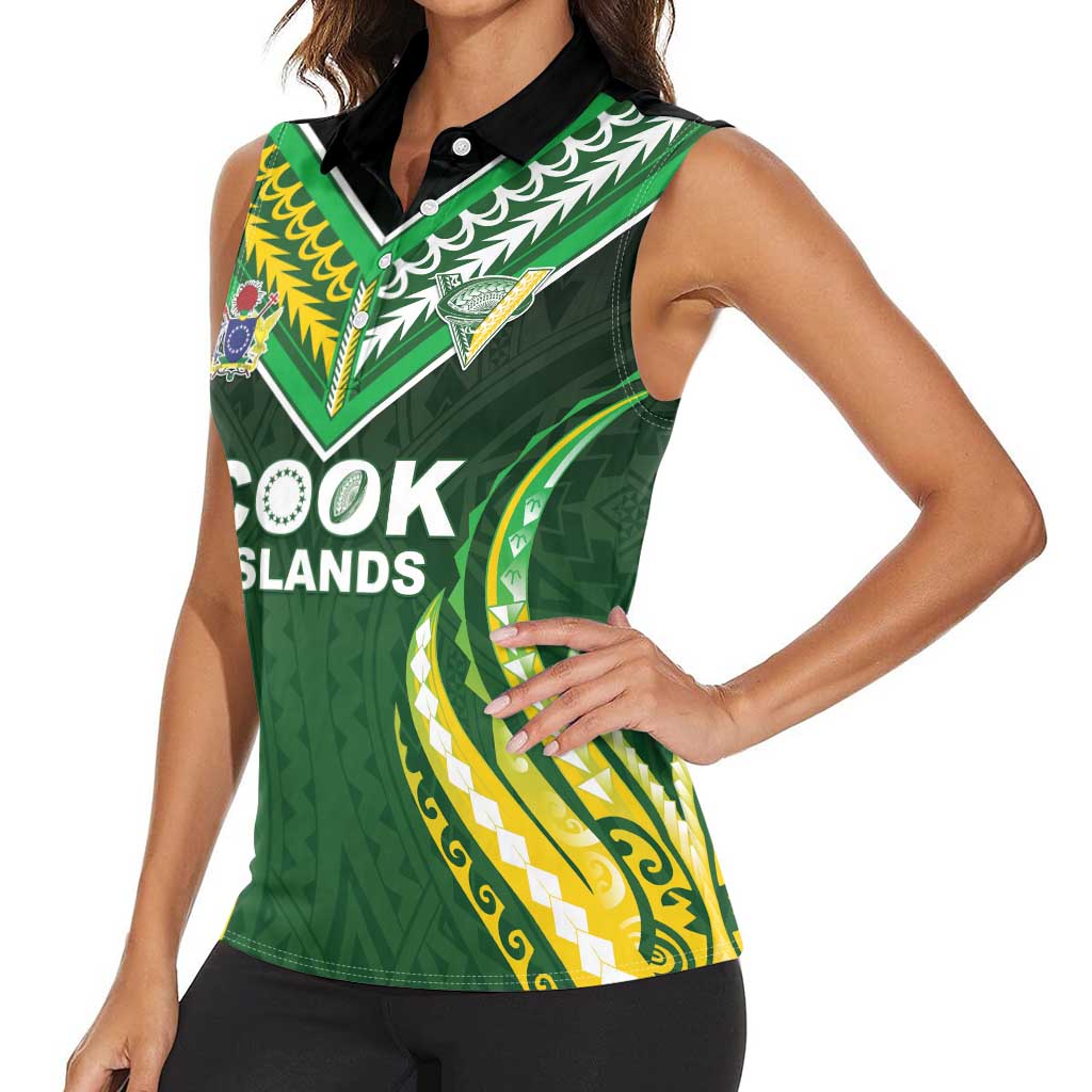 Custom Cook Islands Rugby Women Sleeveless Polo Shirt Unique Style Green Version - Polynesian Pride