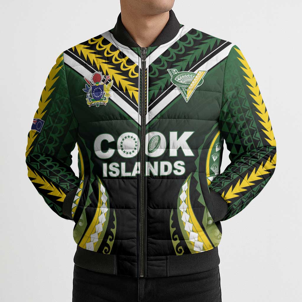 Custom Cook Islands Rugby Bomber Puffer Jacket Unique Style Black Version - Polynesian Pride