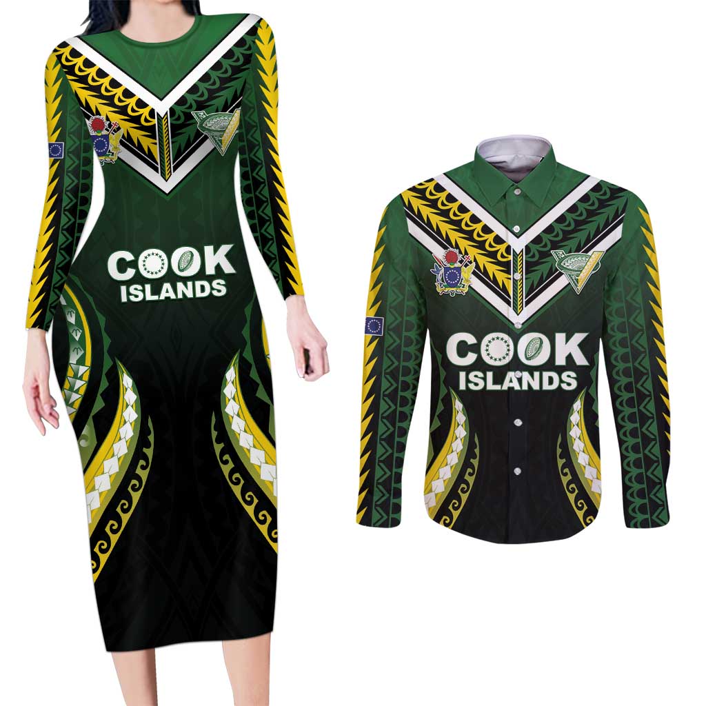 Custom Cook Islands Rugby Couples Matching Long Sleeve Bodycon Dress and Long Sleeve Button Shirt Unique Style Black Version - Polynesian Pride