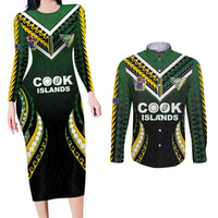 Custom Cook Islands Rugby Couples Matching Long Sleeve Bodycon Dress and Long Sleeve Button Shirt Unique Style Black Version - Polynesian Pride