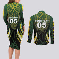 Custom Cook Islands Rugby Couples Matching Long Sleeve Bodycon Dress and Long Sleeve Button Shirt Unique Style Black Version - Polynesian Pride