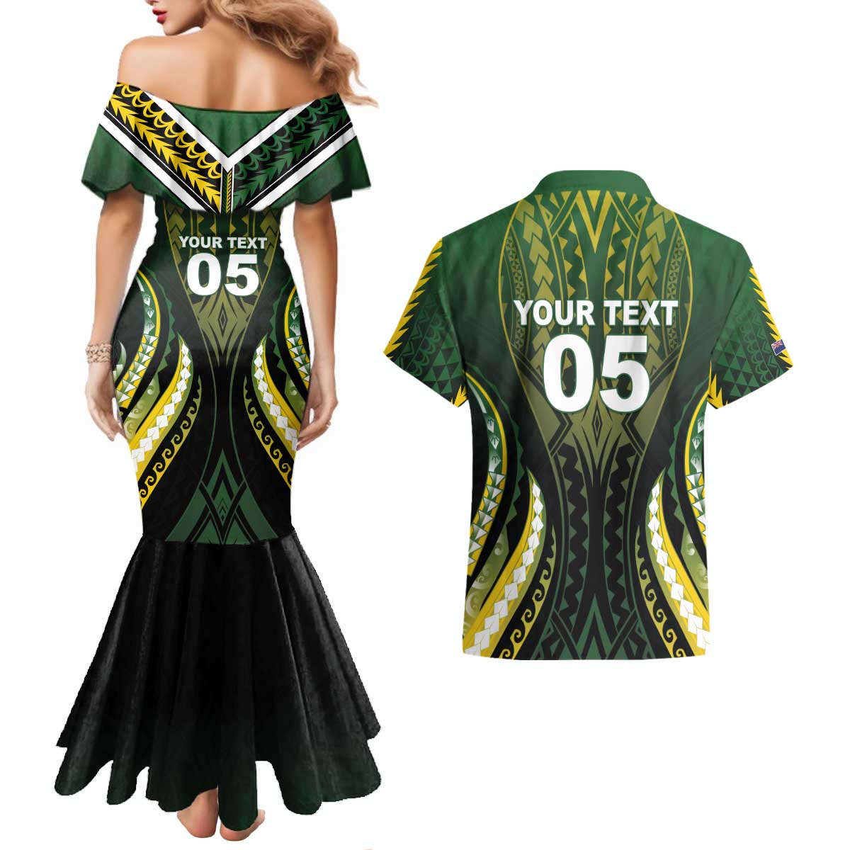 Custom Cook Islands Rugby Couples Matching Mermaid Dress and Hawaiian Shirt Unique Style Black Version - Polynesian Pride