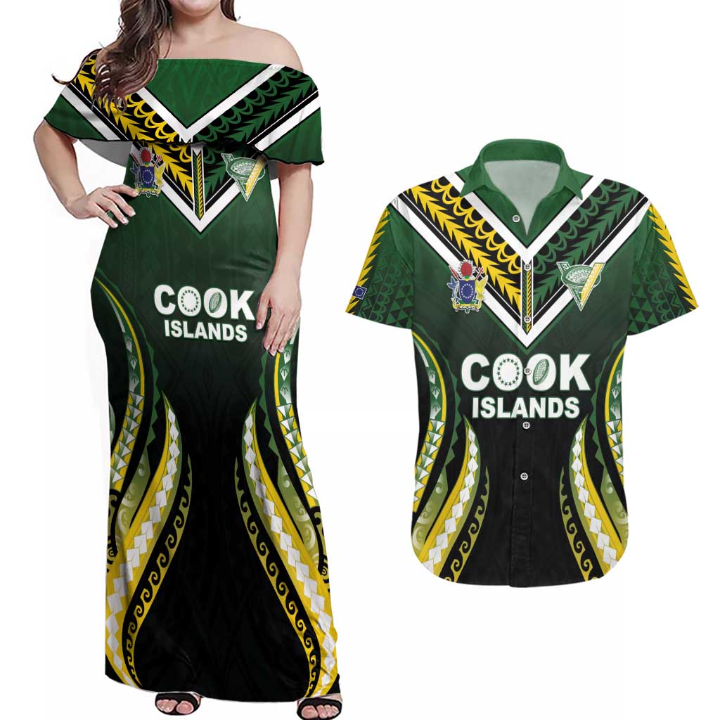Custom Cook Islands Rugby Couples Matching Off Shoulder Maxi Dress and Hawaiian Shirt Unique Style Black Version - Polynesian Pride