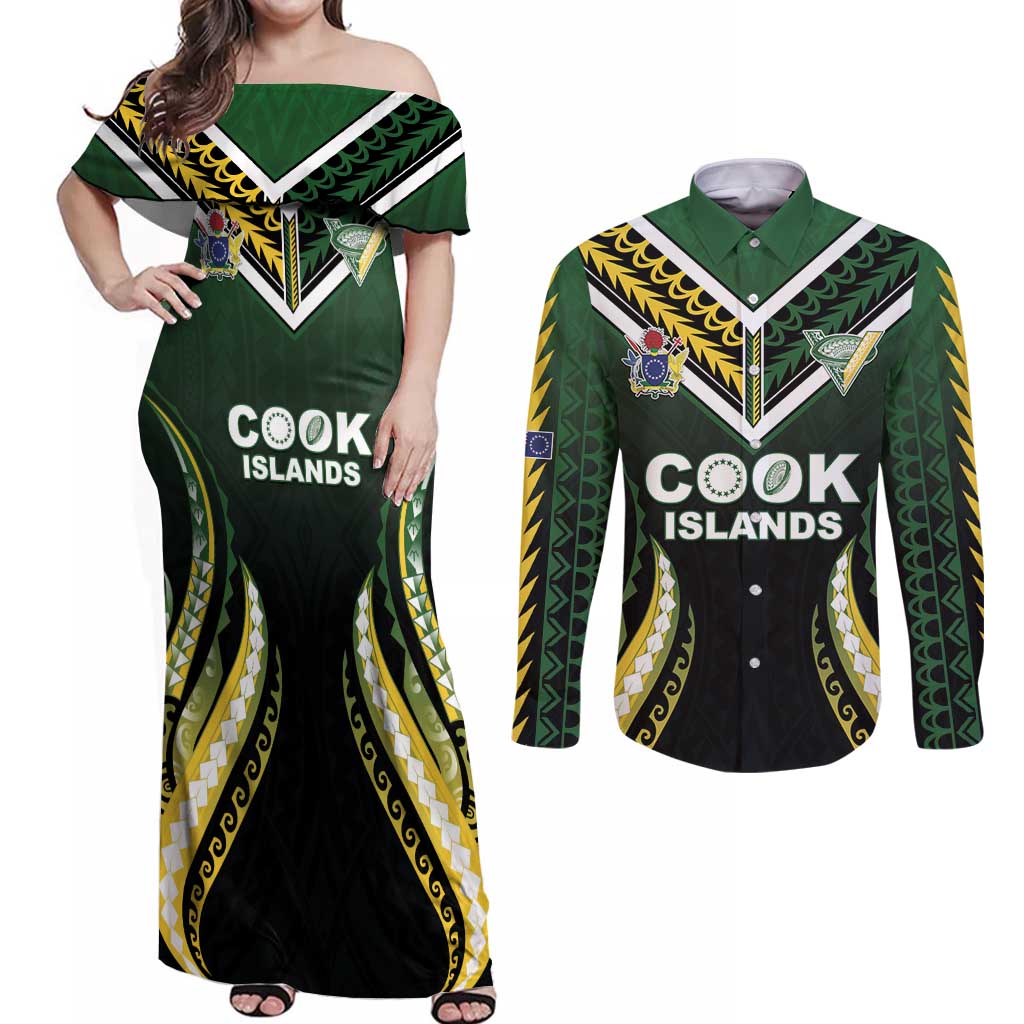 Custom Cook Islands Rugby Couples Matching Off Shoulder Maxi Dress and Long Sleeve Button Shirt Unique Style Black Version - Polynesian Pride