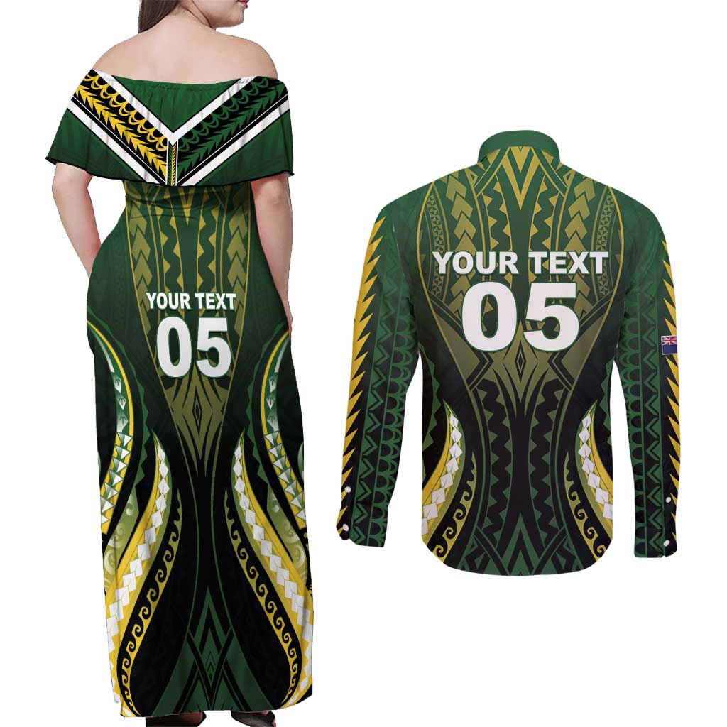 Custom Cook Islands Rugby Couples Matching Off Shoulder Maxi Dress and Long Sleeve Button Shirt Unique Style Black Version - Polynesian Pride