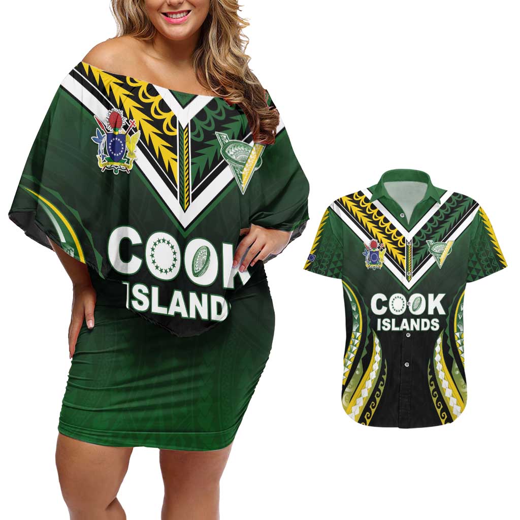 Custom Cook Islands Rugby Couples Matching Off Shoulder Short Dress and Hawaiian Shirt Unique Style Black Version - Polynesian Pride