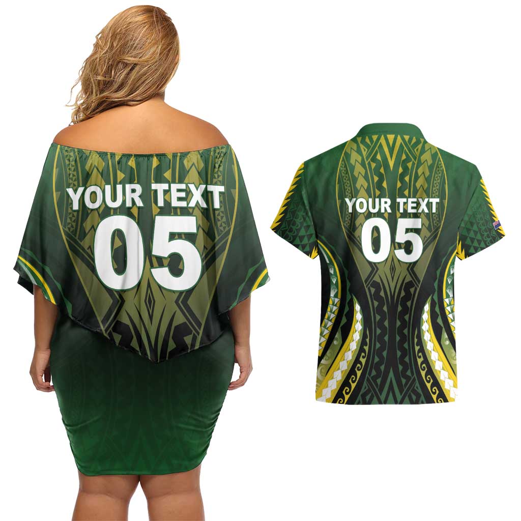 Custom Cook Islands Rugby Couples Matching Off Shoulder Short Dress and Hawaiian Shirt Unique Style Black Version - Polynesian Pride