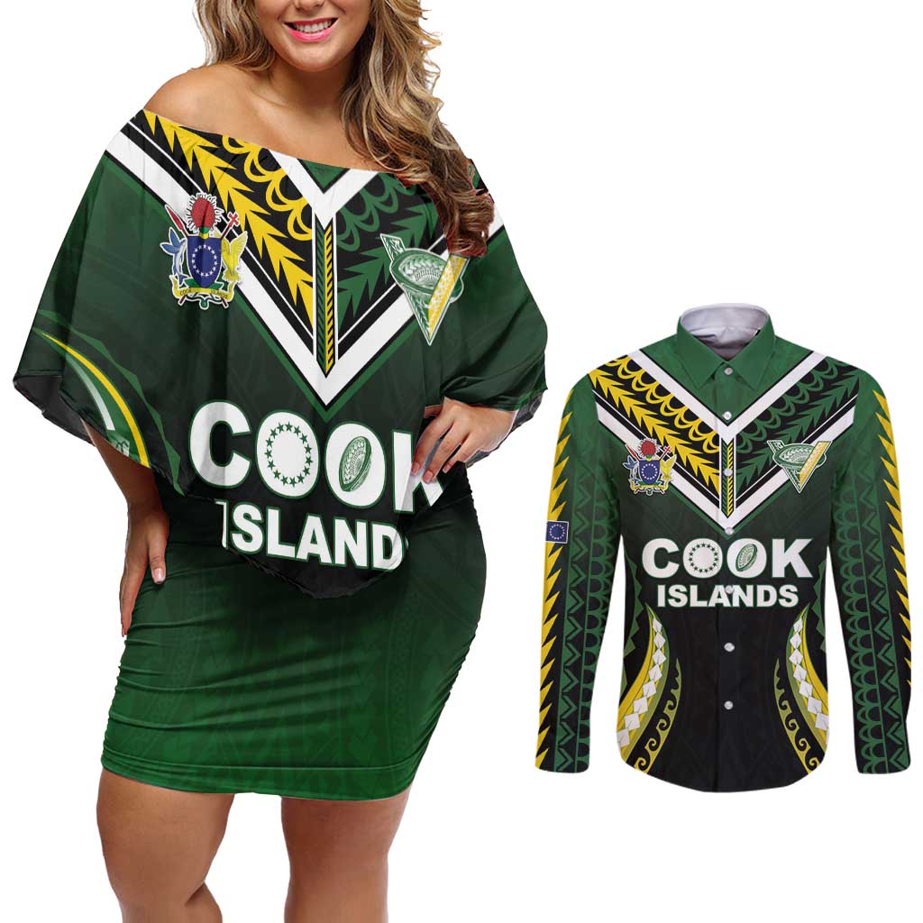 Custom Cook Islands Rugby Couples Matching Off Shoulder Short Dress and Long Sleeve Button Shirt Unique Style Black Version - Polynesian Pride