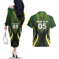 Custom Cook Islands Rugby Couples Matching Off The Shoulder Long Sleeve Dress and Hawaiian Shirt Unique Style Black Version - Polynesian Pride