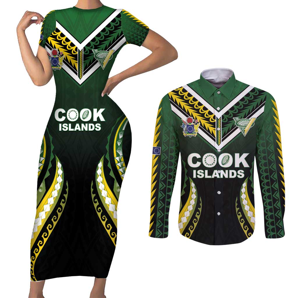 Custom Cook Islands Rugby Couples Matching Short Sleeve Bodycon Dress and Long Sleeve Button Shirt Unique Style Black Version - Polynesian Pride