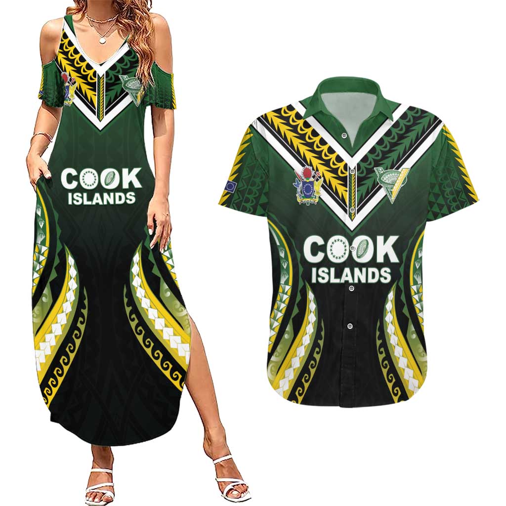 Custom Cook Islands Rugby Couples Matching Summer Maxi Dress and Hawaiian Shirt Unique Style Black Version - Polynesian Pride