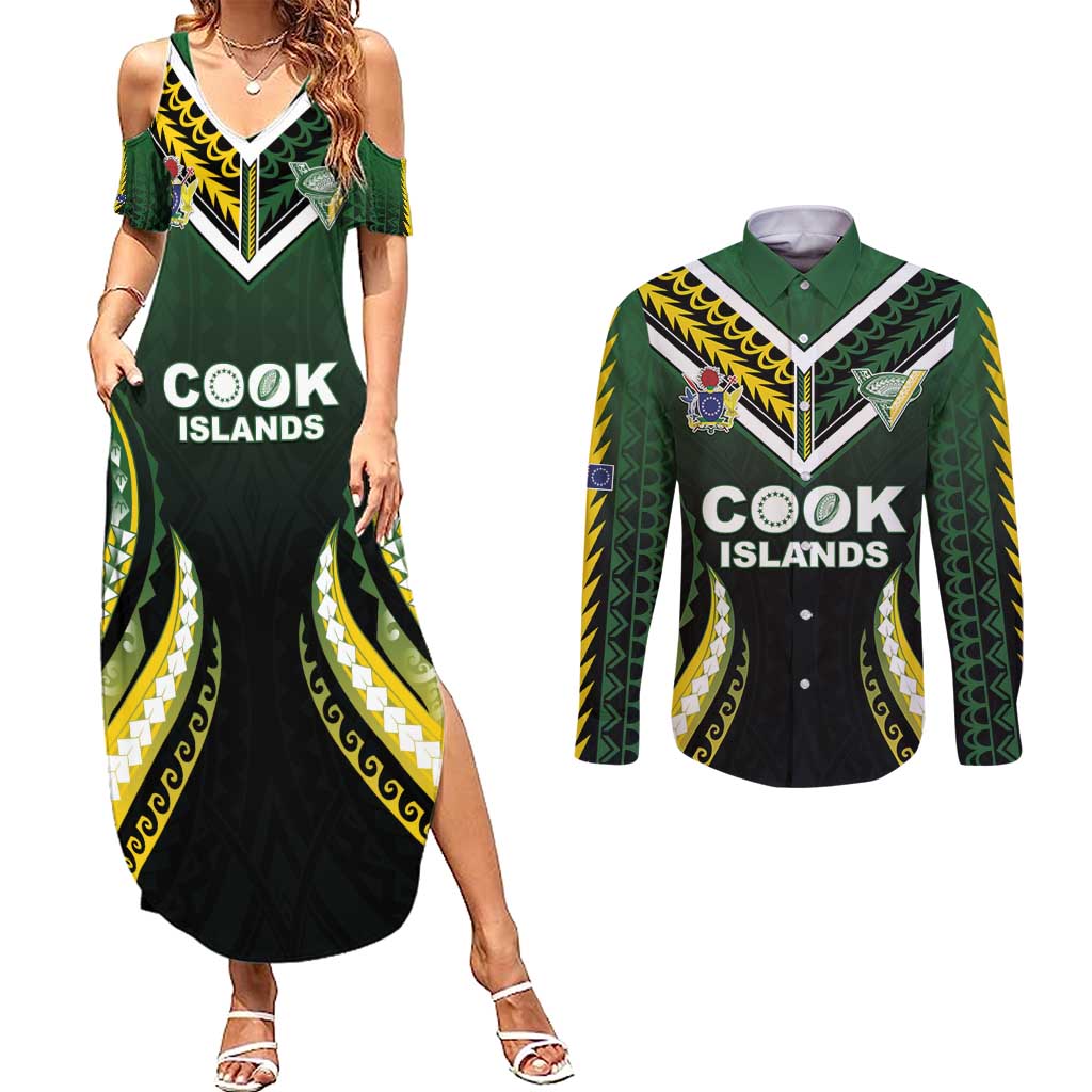 Custom Cook Islands Rugby Couples Matching Summer Maxi Dress and Long Sleeve Button Shirt Unique Style Black Version - Polynesian Pride