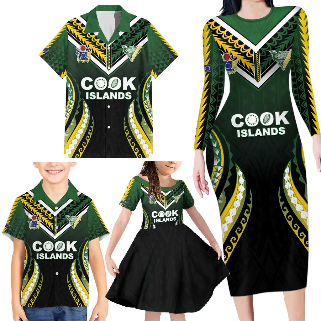 Custom Cook Islands Rugby Family Matching Long Sleeve Bodycon Dress and Hawaiian Shirt Unique Style Black Version - Polynesian Pride