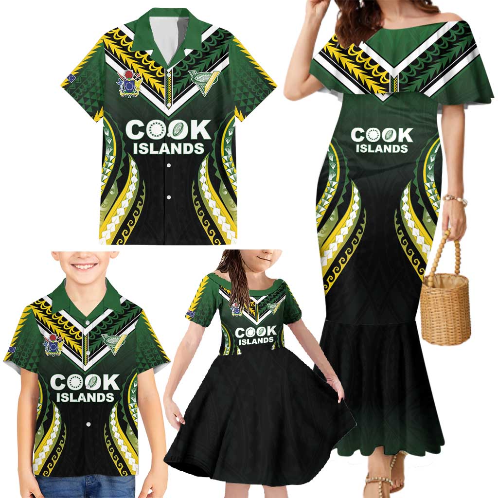 Custom Cook Islands Rugby Family Matching Mermaid Dress and Hawaiian Shirt Unique Style Black Version - Polynesian Pride