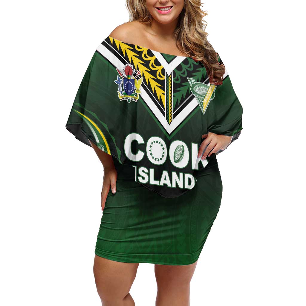 Custom Cook Islands Rugby Family Matching Off Shoulder Short Dress and Hawaiian Shirt Unique Style Black Version - Polynesian Pride