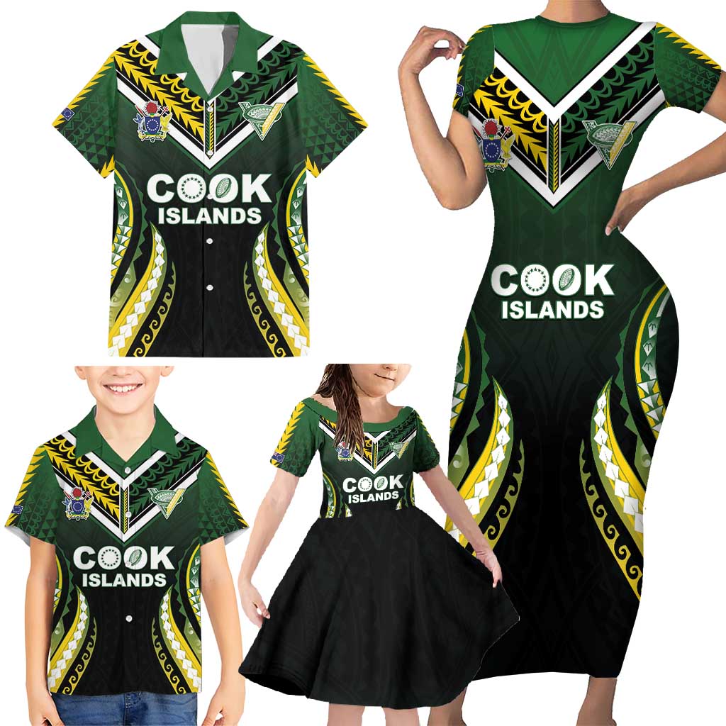 Custom Cook Islands Rugby Family Matching Short Sleeve Bodycon Dress and Hawaiian Shirt Unique Style Black Version - Polynesian Pride
