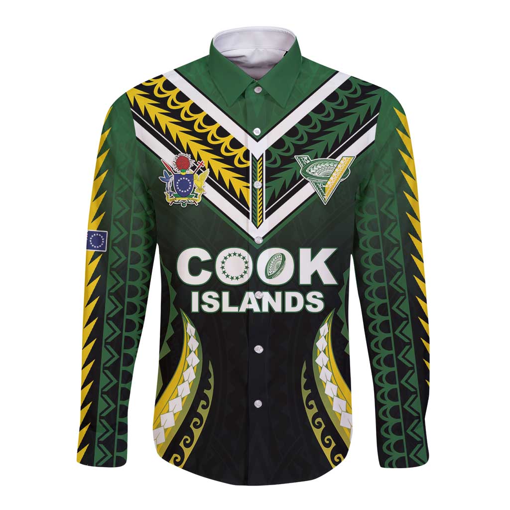 Custom Cook Islands Rugby Long Sleeve Button Shirt Unique Style Black Version - Polynesian Pride
