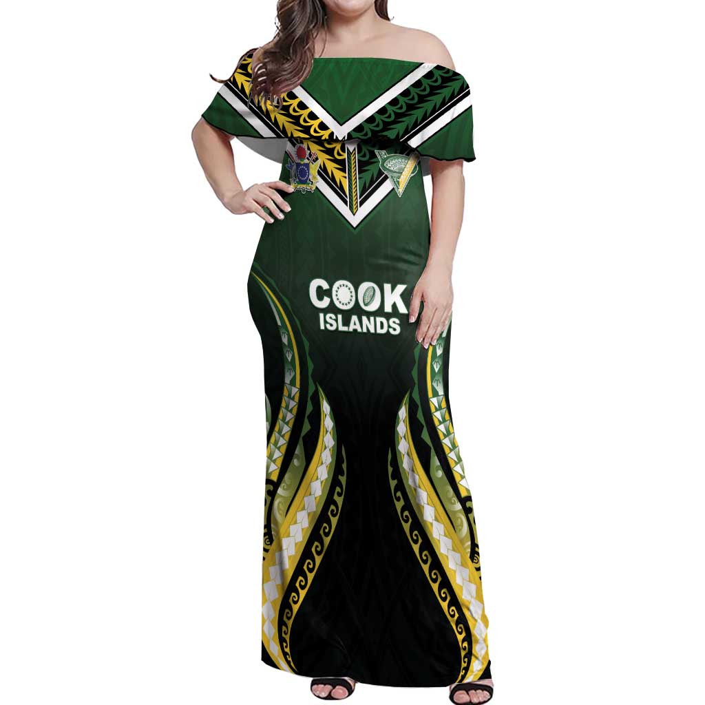 Custom Cook Islands Rugby Off Shoulder Maxi Dress Unique Style Black Version - Polynesian Pride