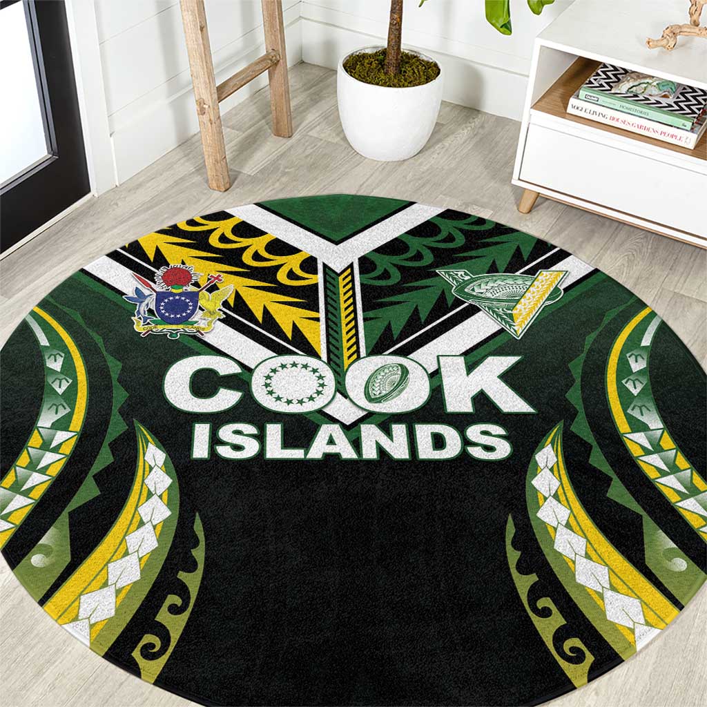 Cook Islands Rugby Round Carpet Unique Style Black Version - Polynesian Pride