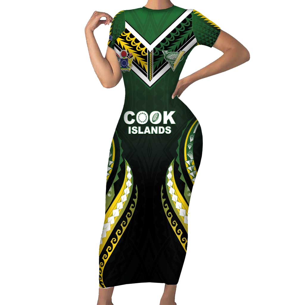 Custom Cook Islands Rugby Short Sleeve Bodycon Dress Unique Style Black Version - Polynesian Pride