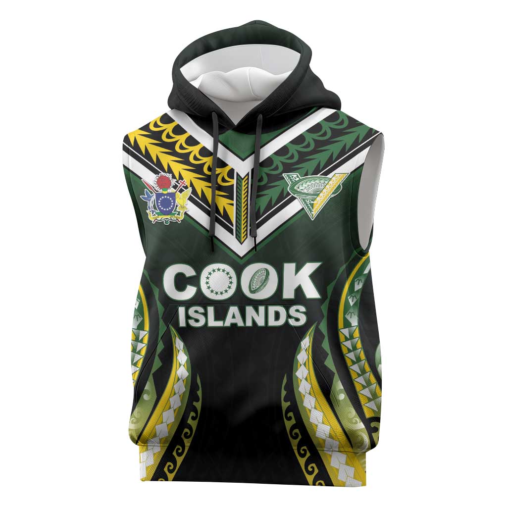 Custom Cook Islands Rugby Sleeveless Hoodie Unique Style Black Version - Polynesian Pride