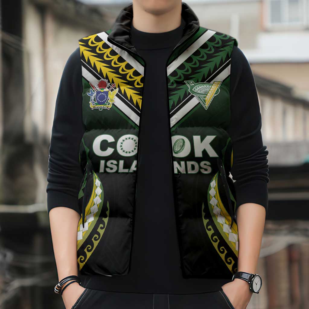 Custom Cook Islands Rugby Sleeveless Puffer Jacket Unique Style Black Version - Polynesian Pride