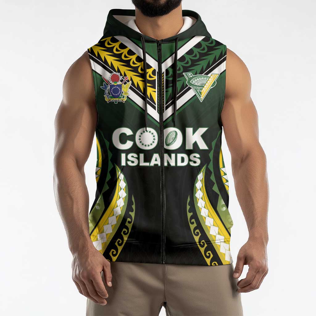 Custom Cook Islands Rugby Sleeveless Zip Hoodie Unique Style Black Version - Polynesian Pride